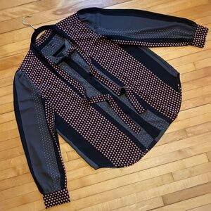 ANN TAYLOR Mixed Print Bow Blouse Top Puff Sleeve Button Front Career Academia